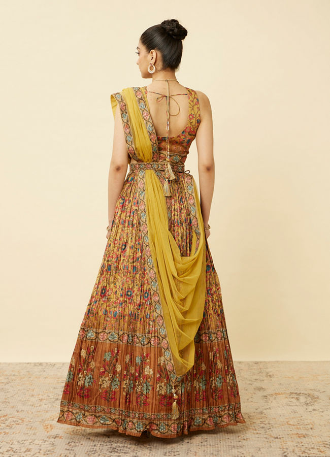 alt message - Mohey Women Mustard Yellow Floral Printed Lehenga image number 3